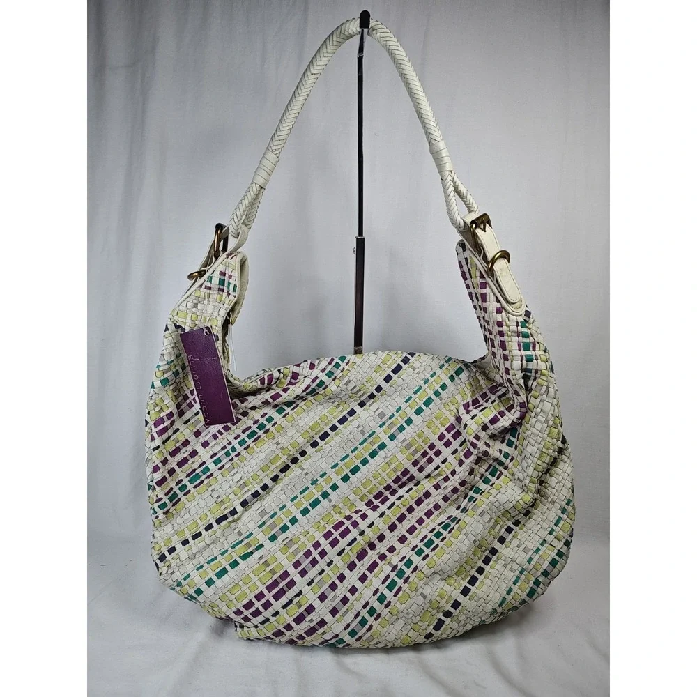 Elliott Lucca Woven Leather Large Hobo Purse Plaid off white purple NWT Flaw